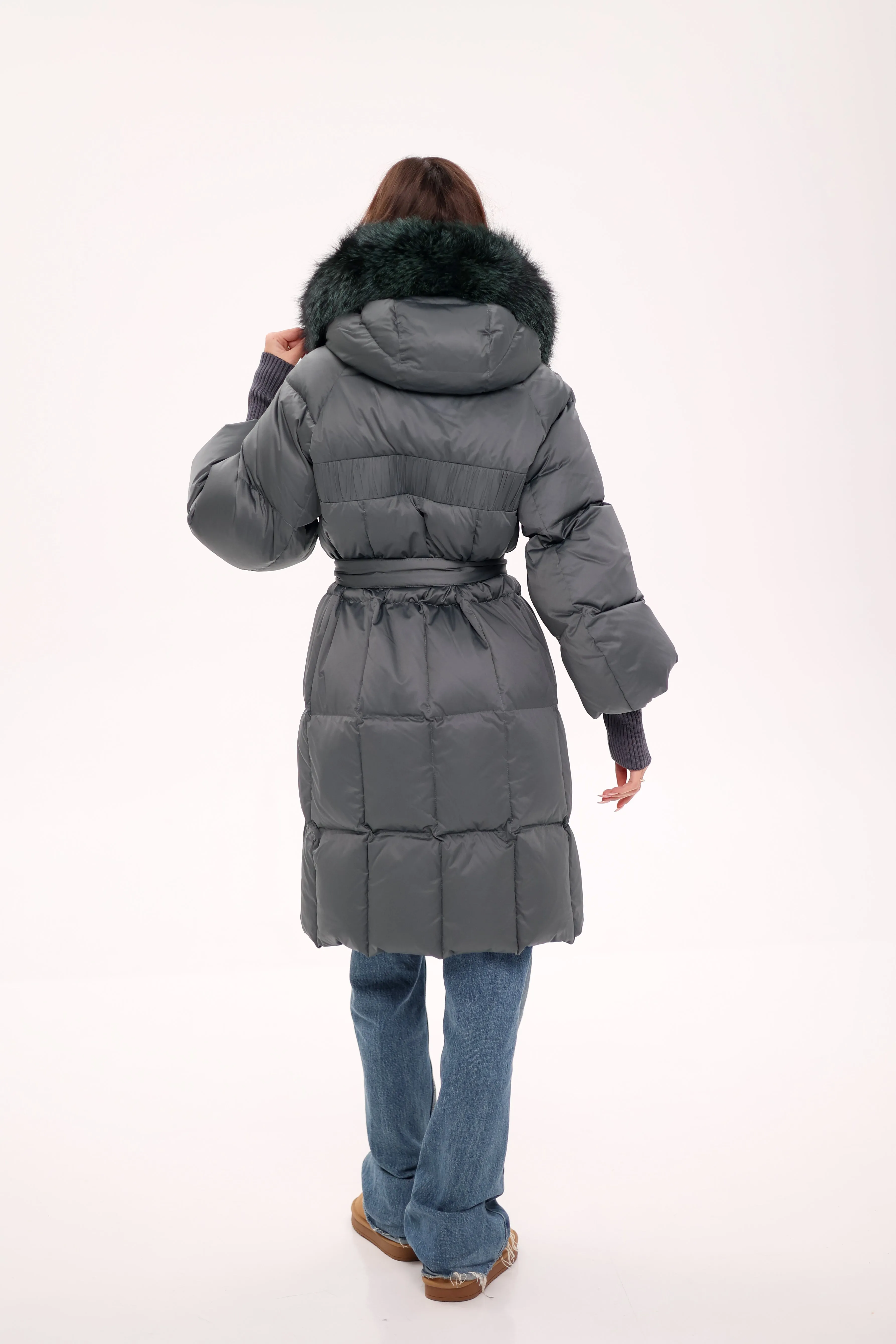 Pre-Order. Ships November 19. Genuine Polar Fox Fur Trim Down Coat in Forest Slate