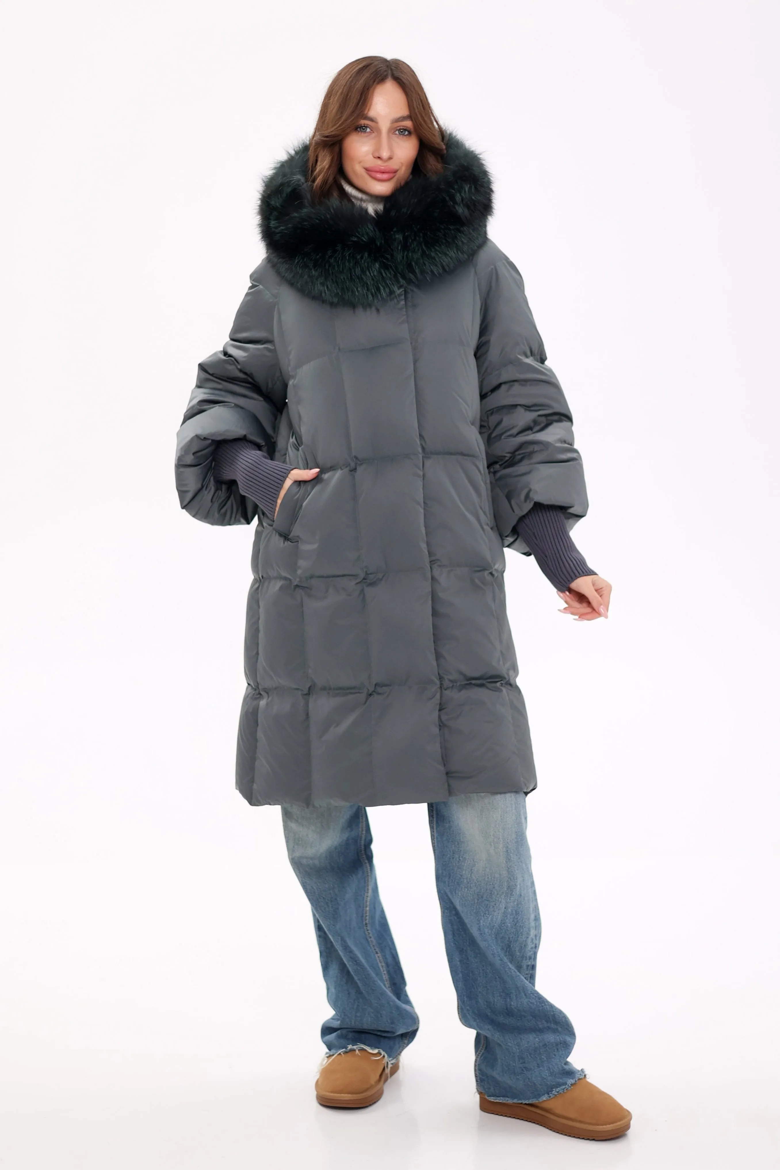 Pre-Order. Ships November 19. Genuine Polar Fox Fur Trim Down Coat in Forest Slate