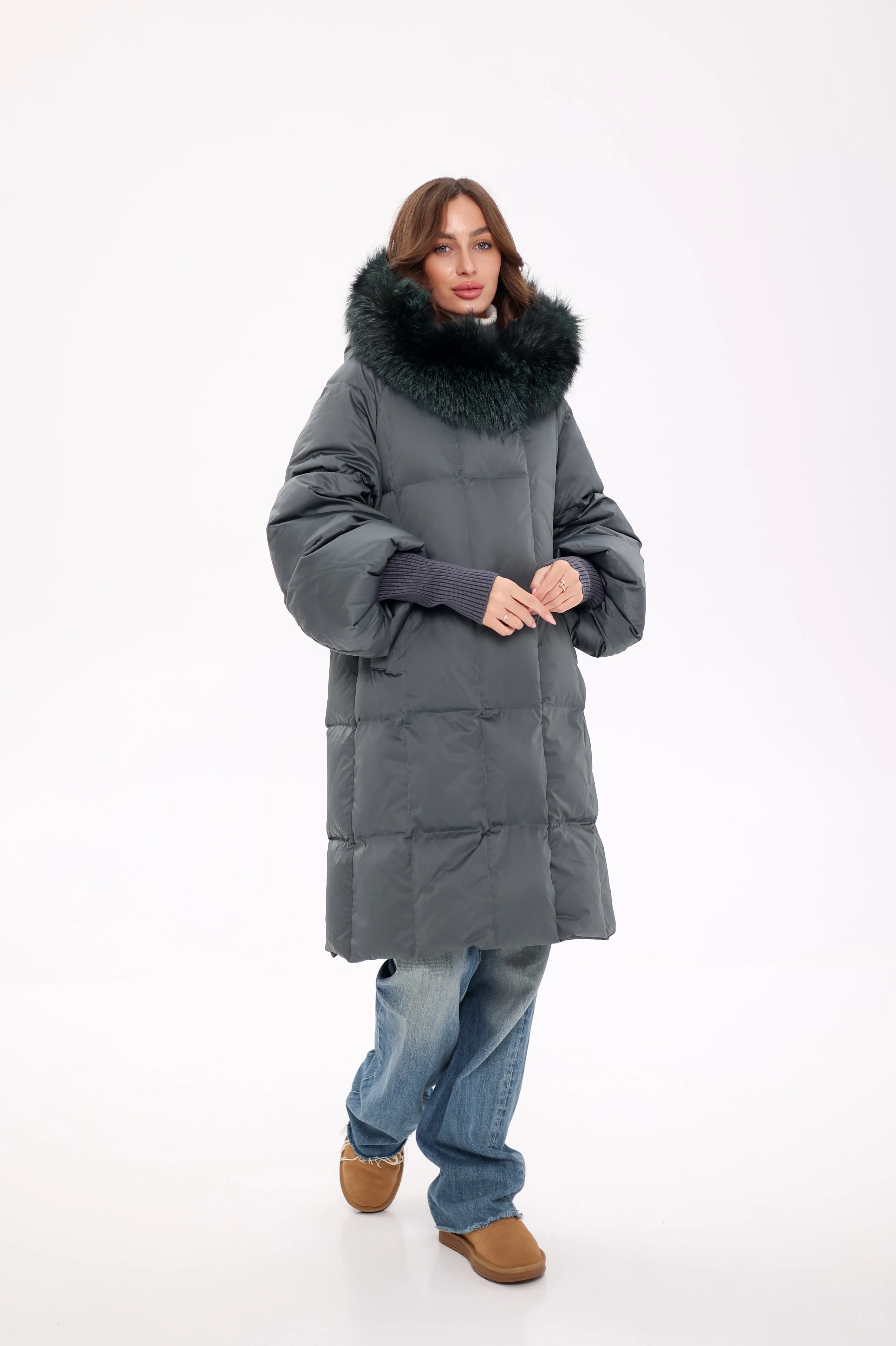 Pre-Order. Ships November 19. Genuine Polar Fox Fur Trim Down Coat in Forest Slate