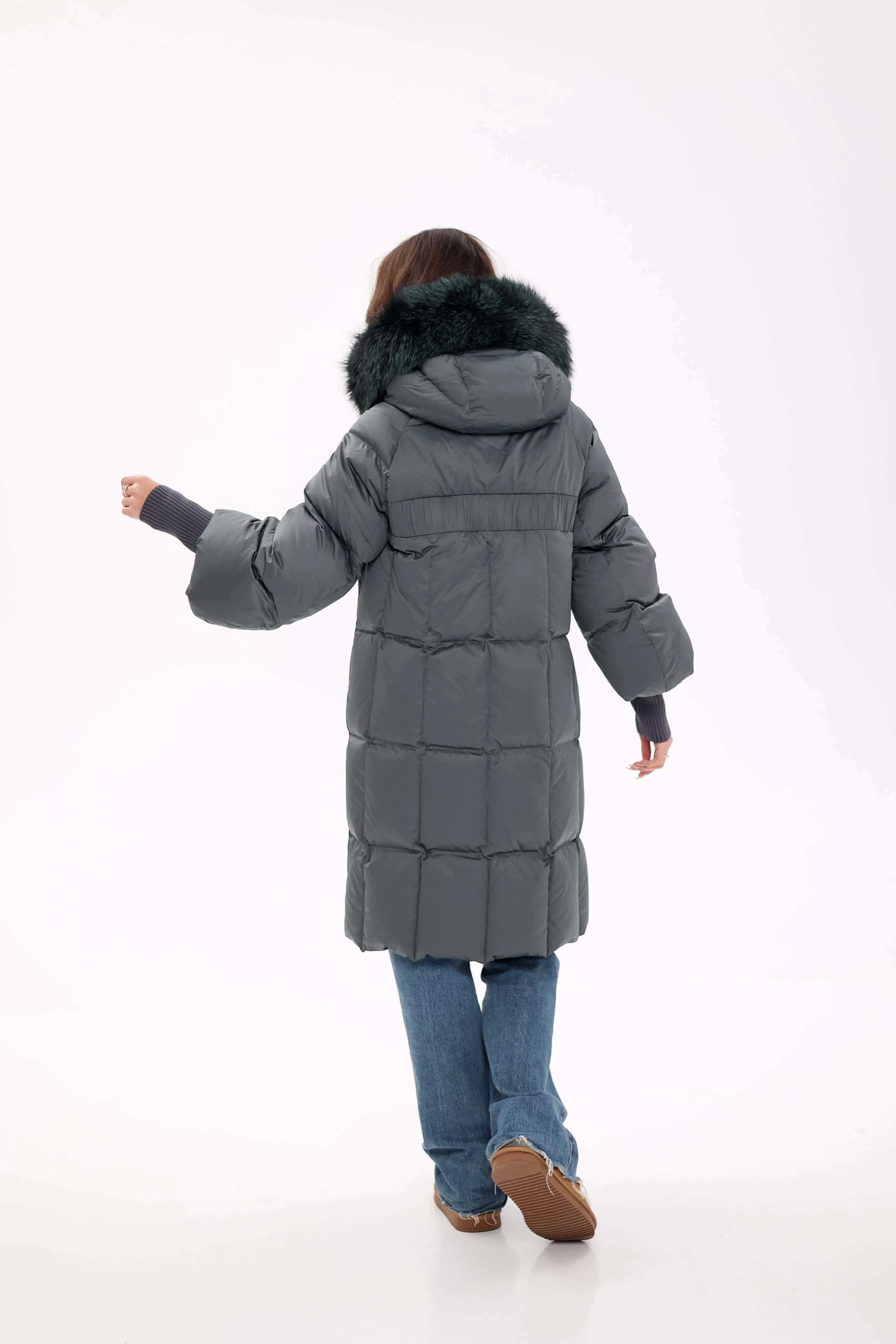 Pre-Order. Ships November 19. Genuine Polar Fox Fur Trim Down Coat in Forest Slate