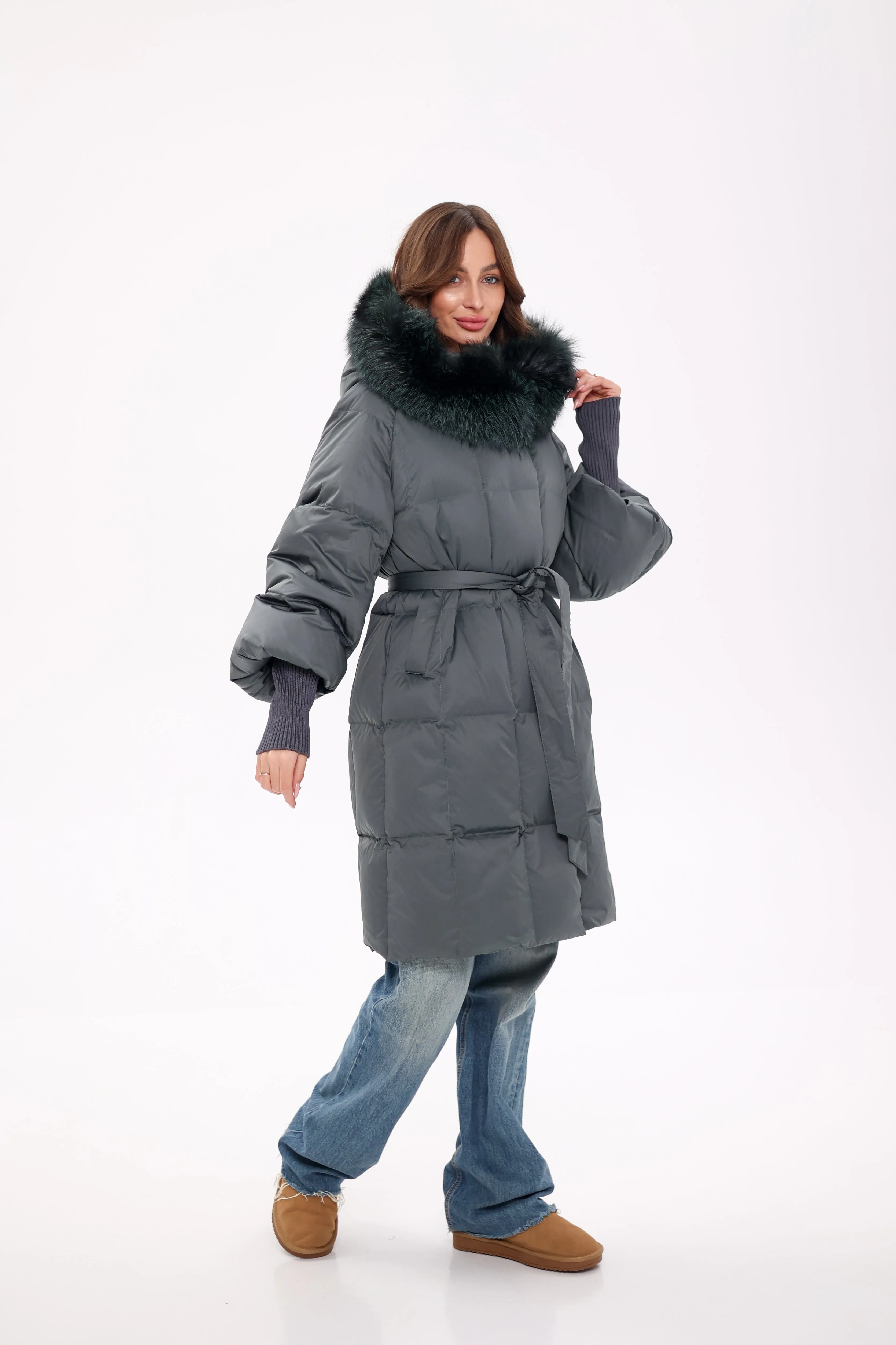 Pre-Order. Ships November 19. Genuine Polar Fox Fur Trim Down Coat in Forest Slate