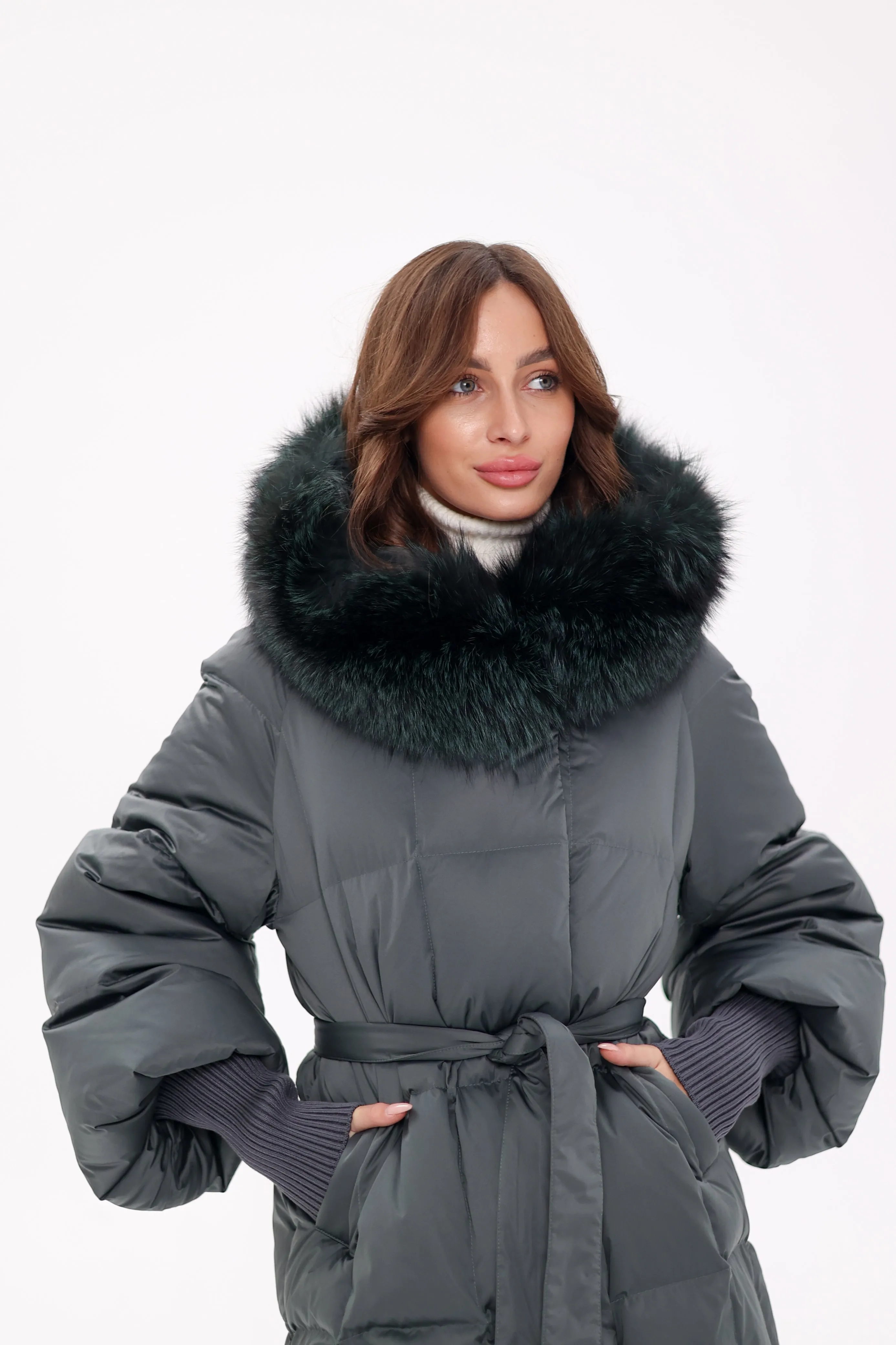 Pre-Order. Ships November 19. Genuine Polar Fox Fur Trim Down Coat in Forest Slate