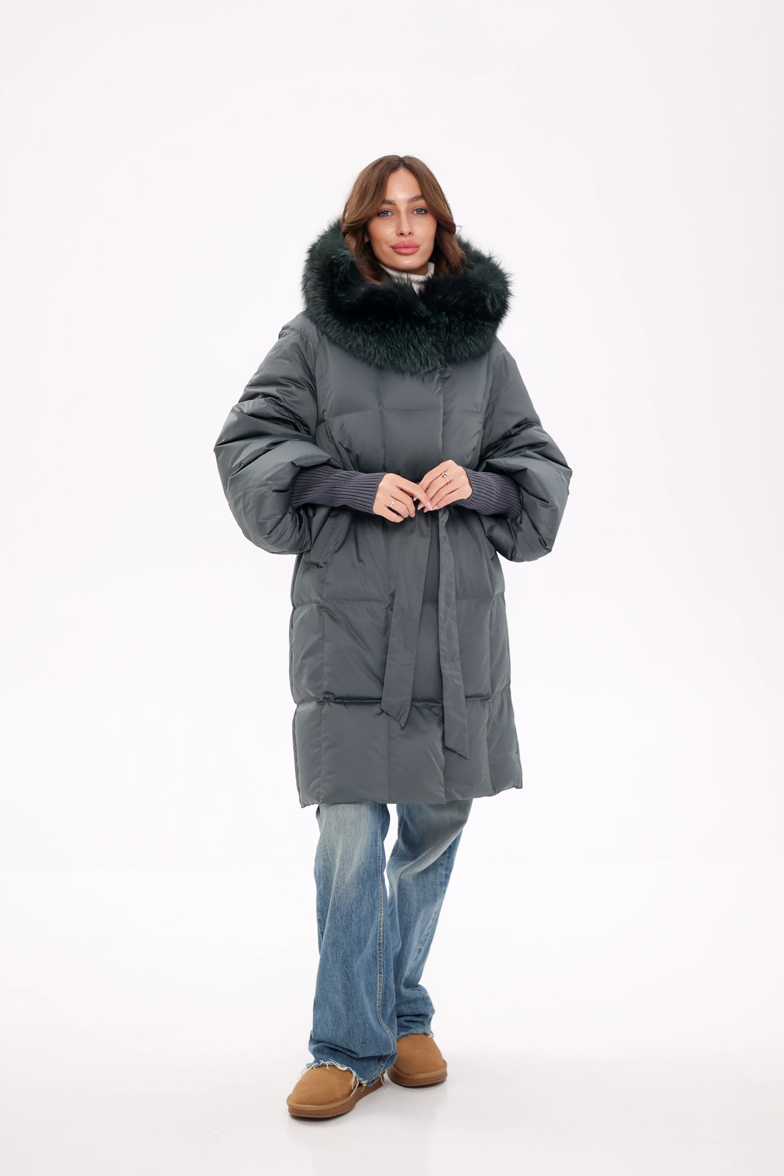 Pre-Order. Ships November 19. Genuine Polar Fox Fur Trim Down Coat in Forest Slate