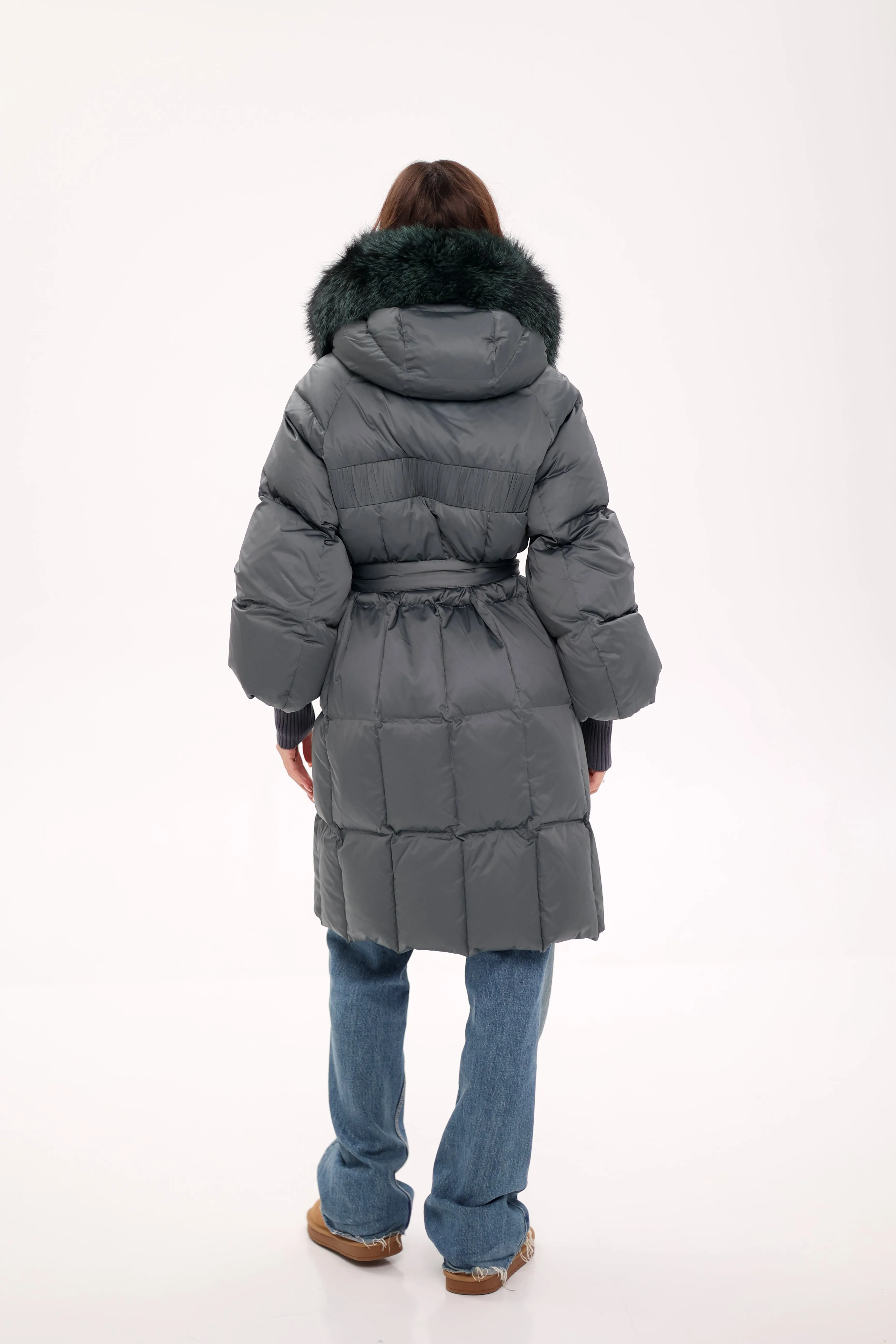 Pre-Order. Ships November 19. Genuine Polar Fox Fur Trim Down Coat in Forest Slate