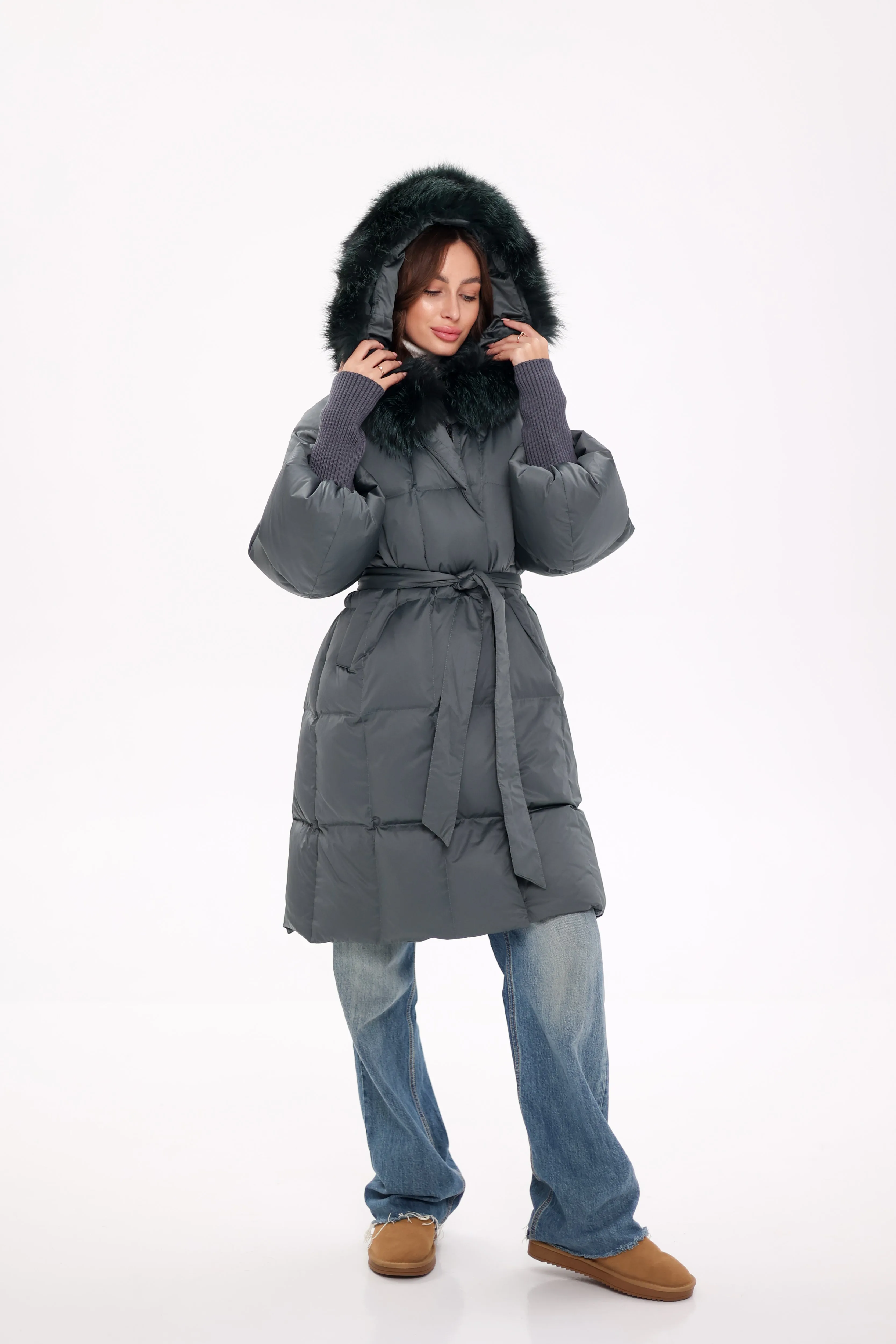 Pre-Order. Ships November 19. Genuine Polar Fox Fur Trim Down Coat in Forest Slate