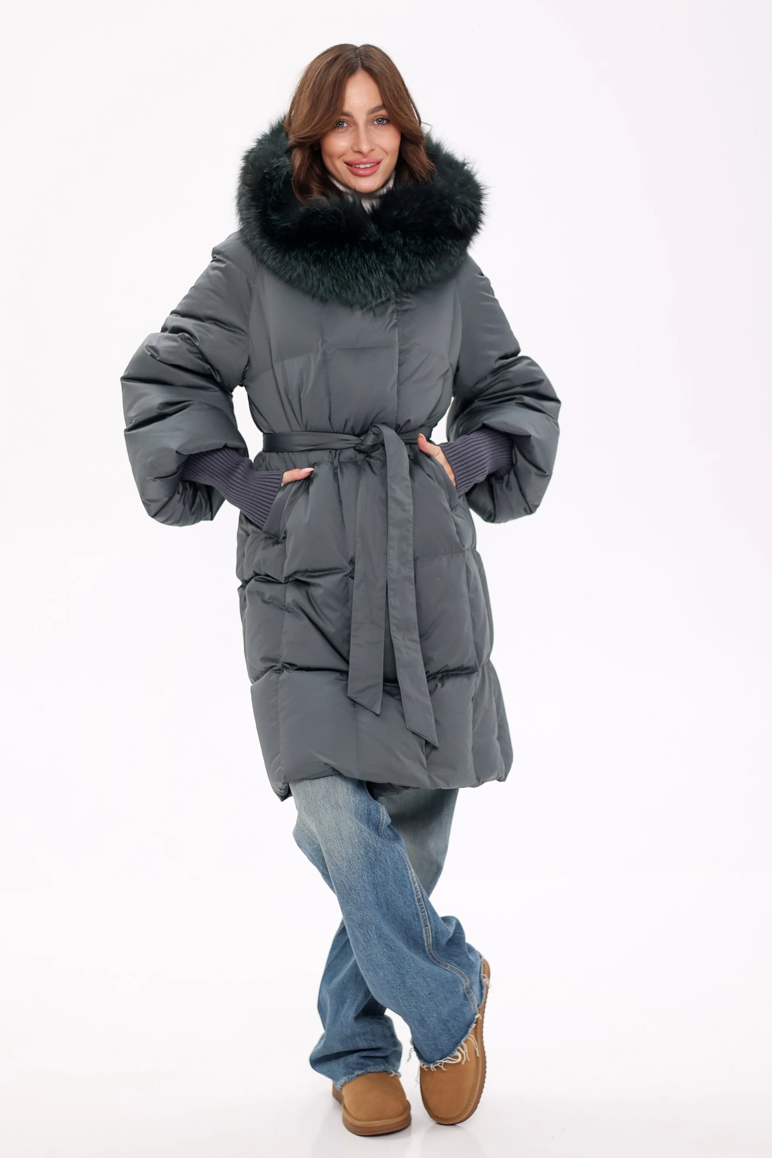 Pre-Order. Ships November 19. Genuine Polar Fox Fur Trim Down Coat in Forest Slate