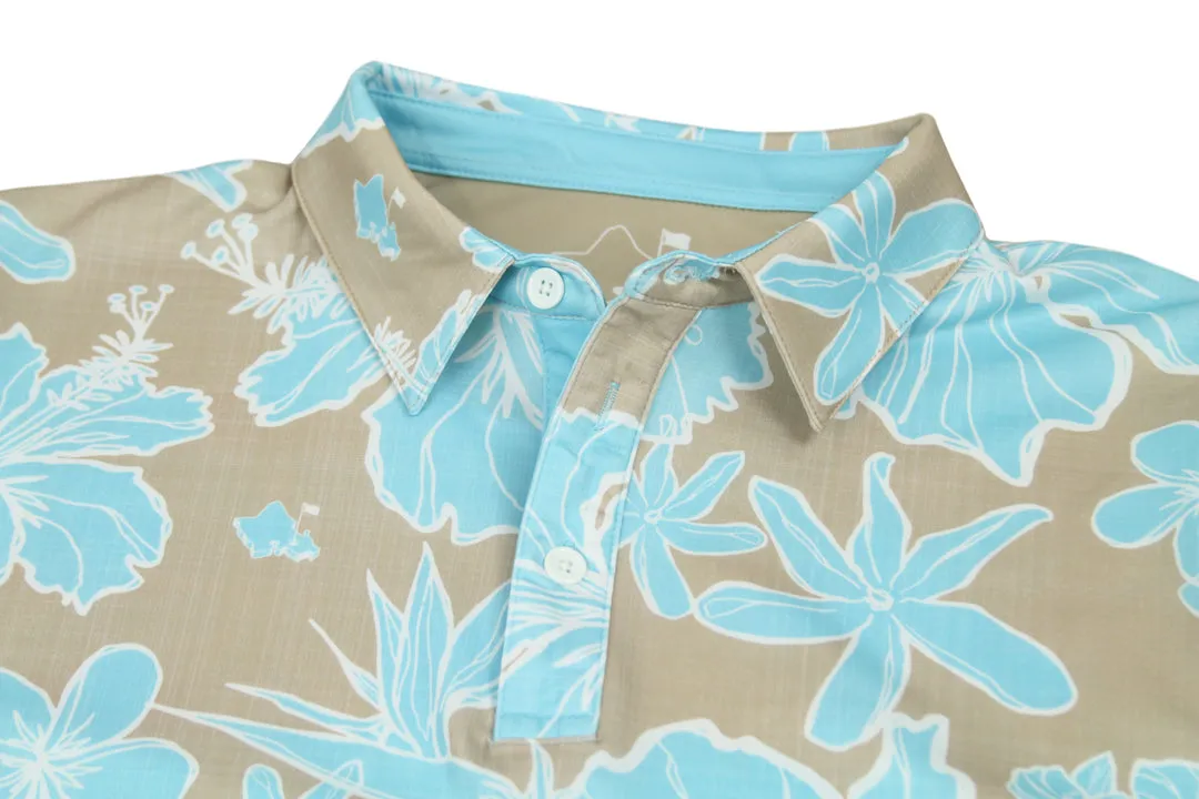 "Sketchy Floral Sandy Aqua" - OGA Women's Polo - Sand and Aqua