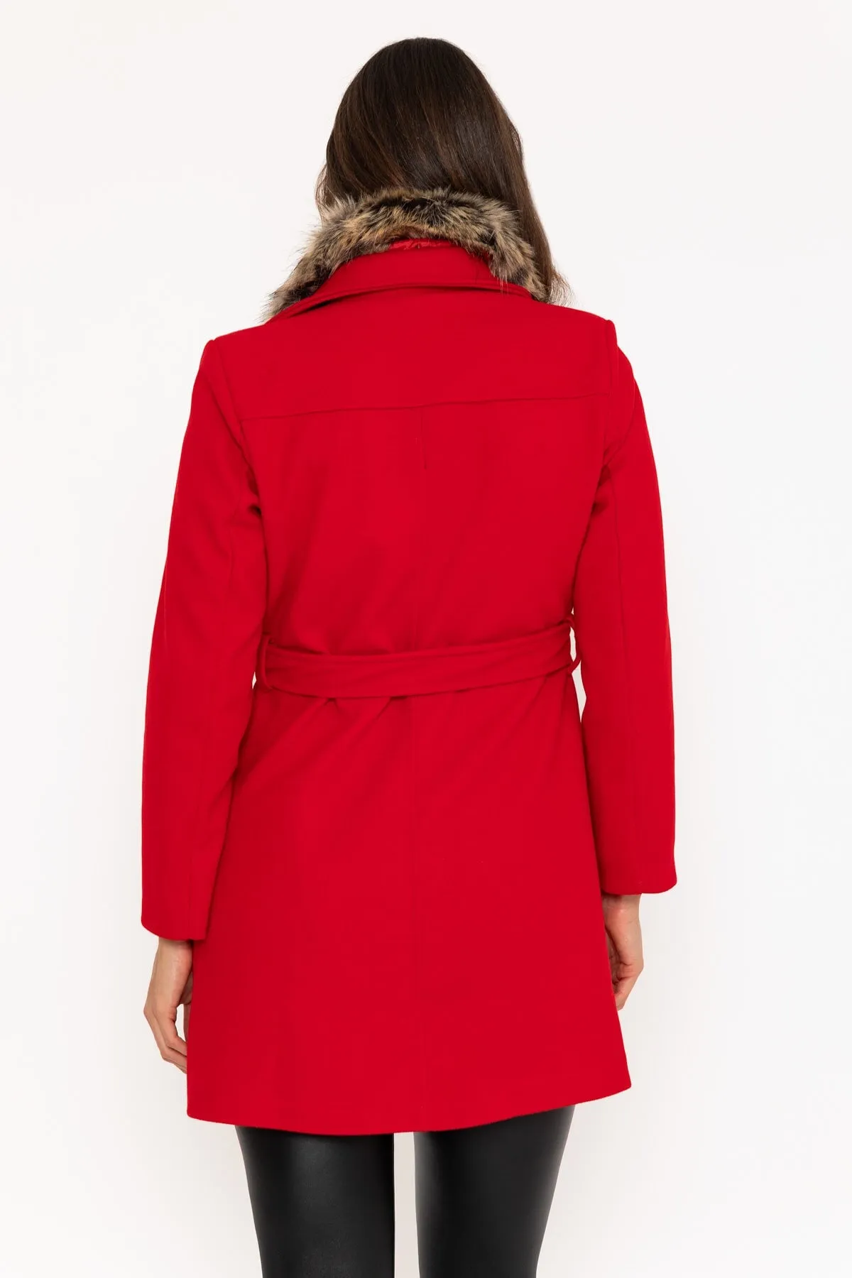 Red Faux Fur Trim Coat