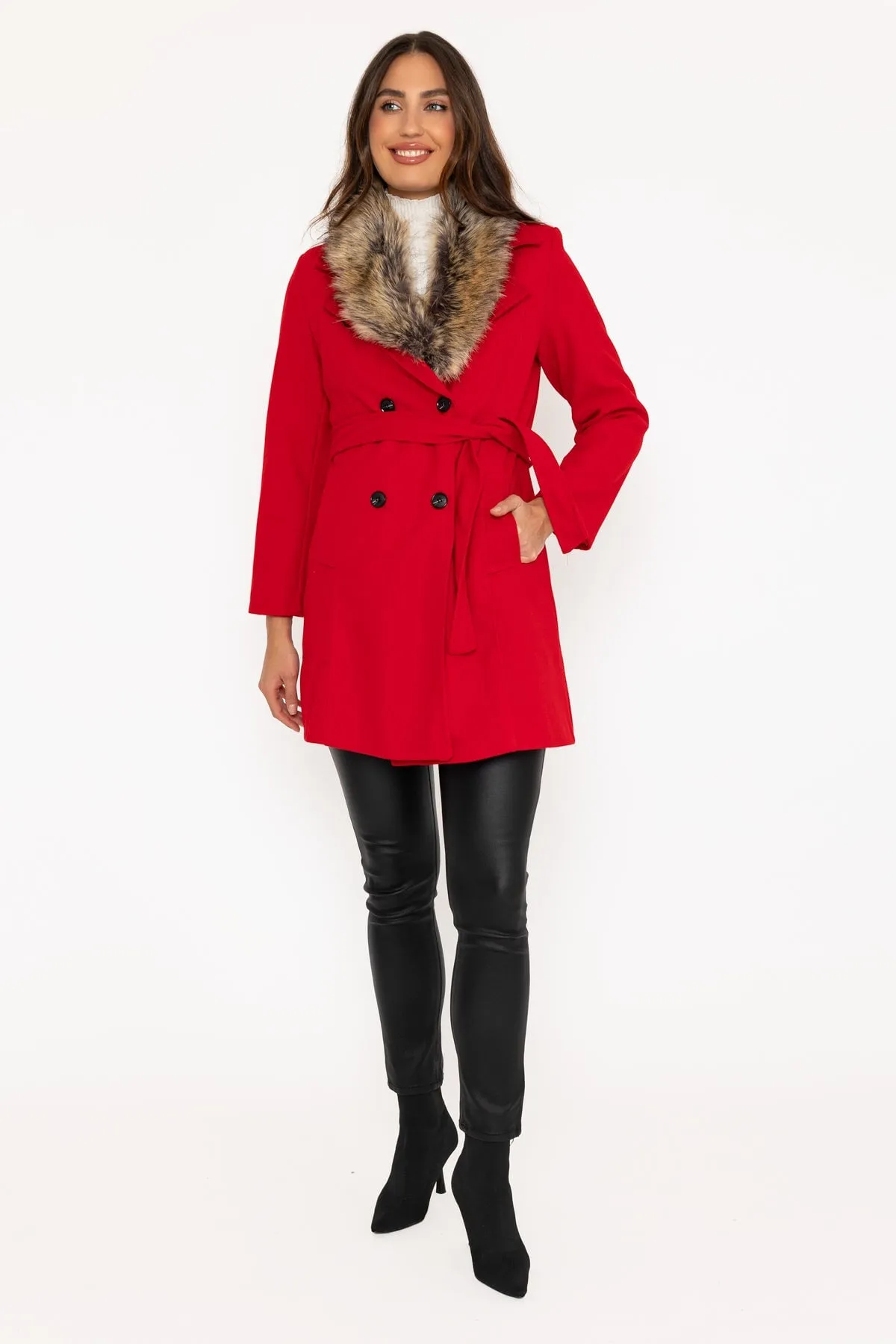 Red Faux Fur Trim Coat