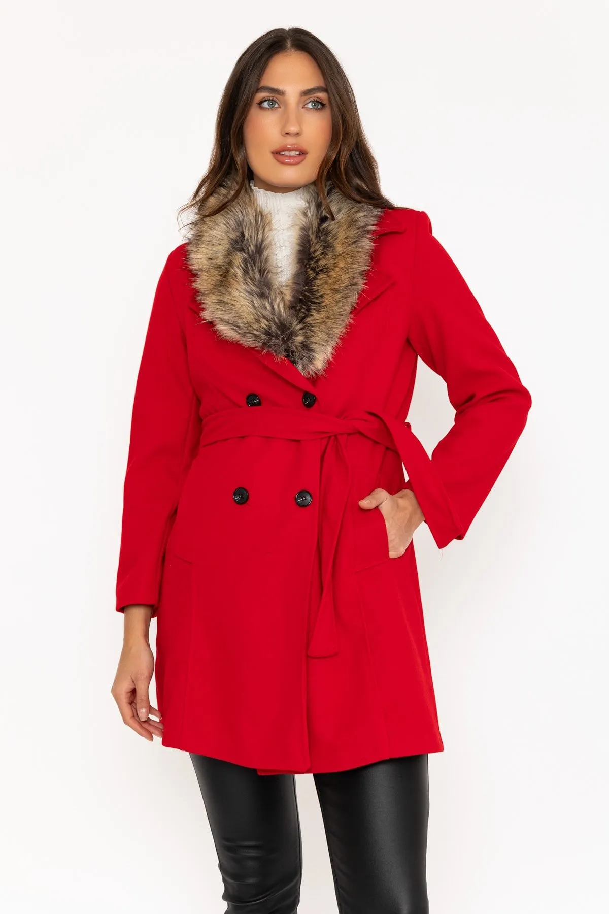 Red Faux Fur Trim Coat