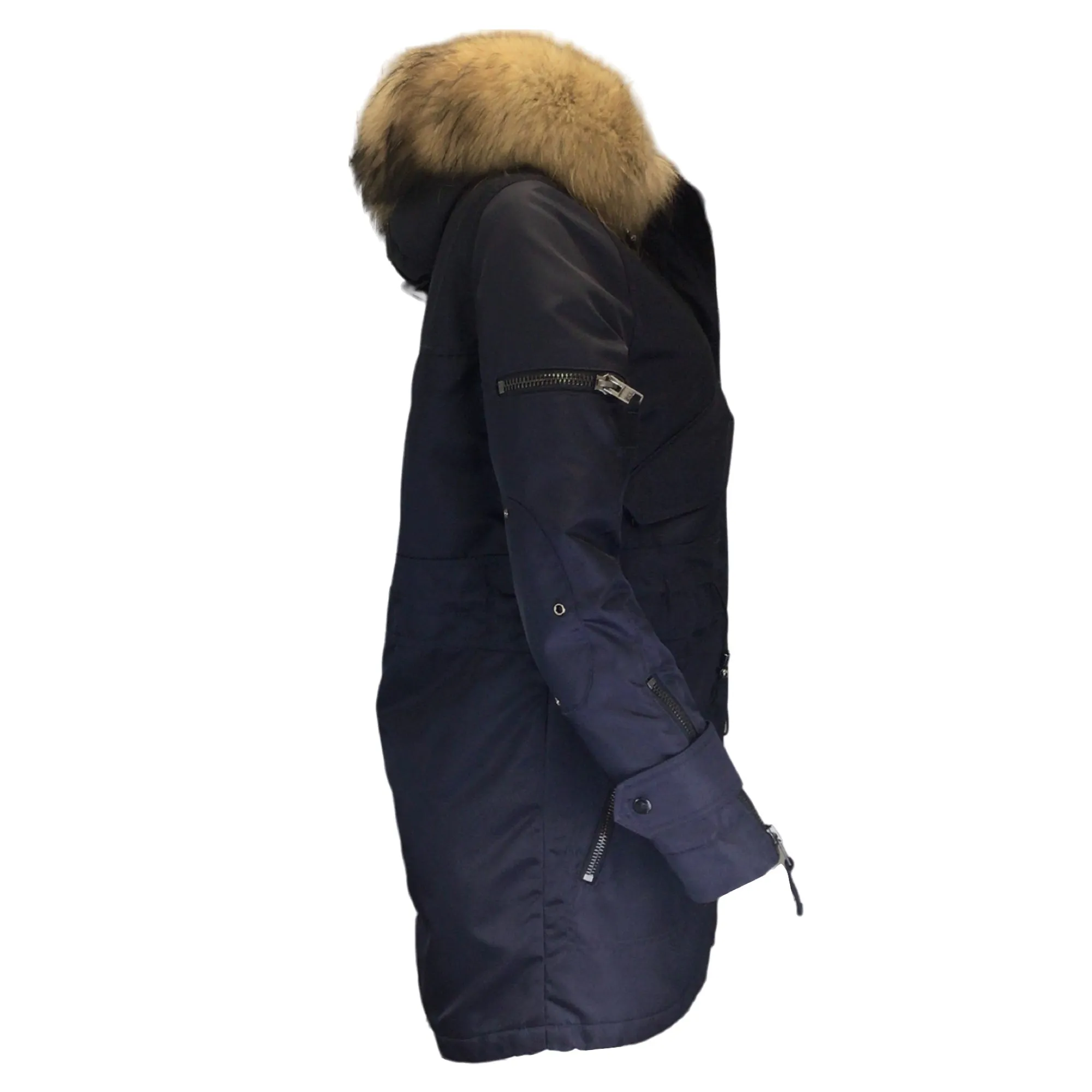 SAM. Navy Blue / Tan Raccoon Fur Trimmed Hooded Nylon Puffer Coat