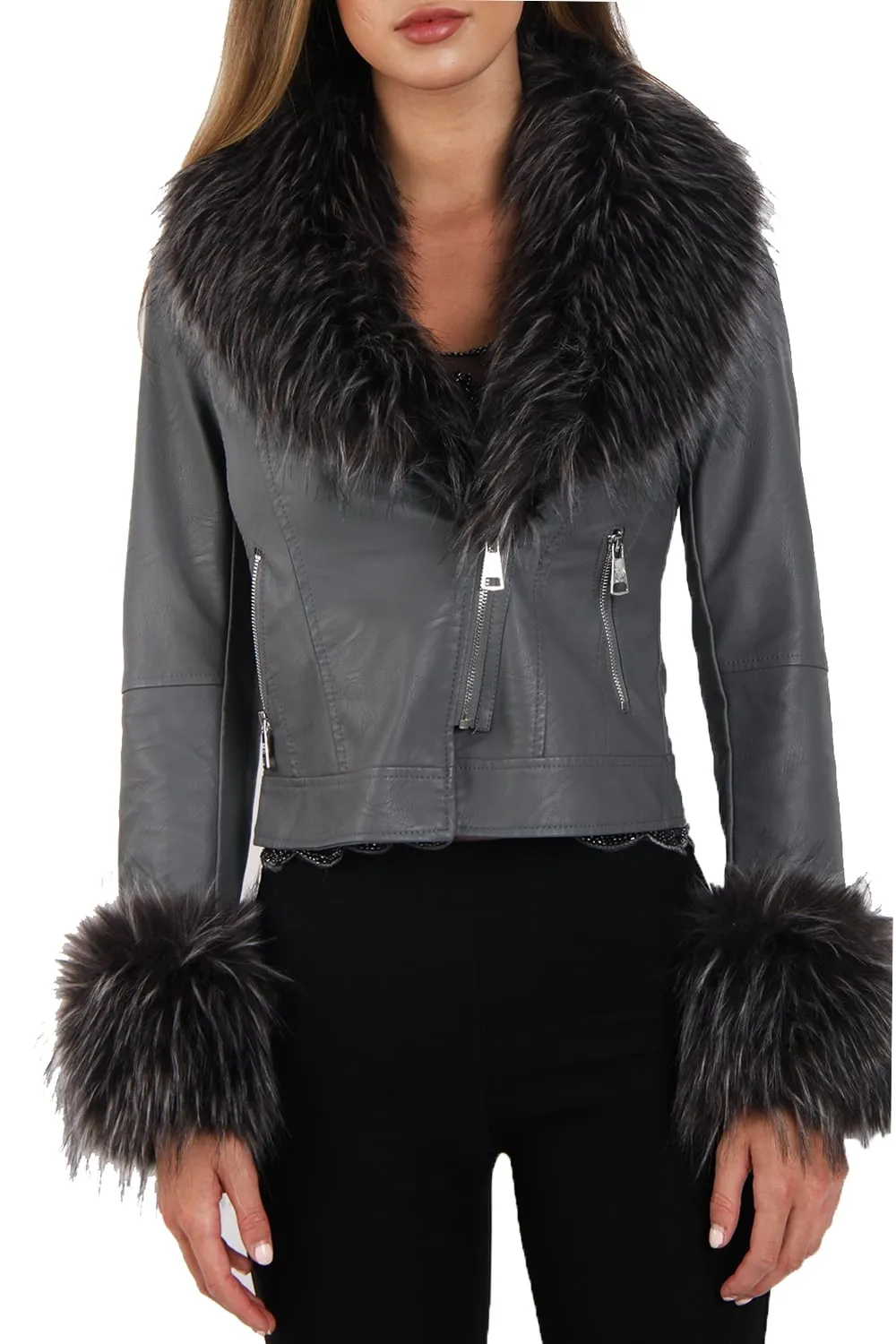 Short Faux Fur Trim Biker Leather Coat