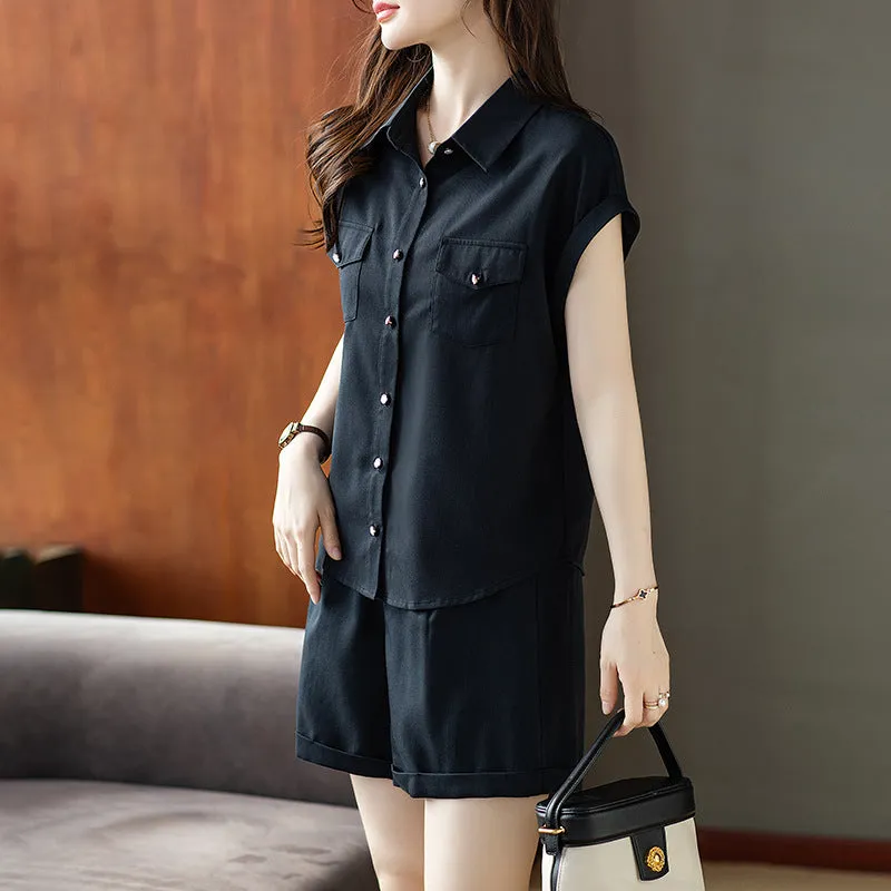 Western Style Fashion Polo Collar Raglan Sleeve Shirt Comfortable Light Shorts Two-Piece Set Commuter Suit Women's High-Grade Summer